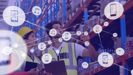 Poster - Animation of network of connections with icons over diverse workers at warehouse