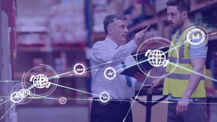 Poster - Animation of network of connections with icons over diverse workers at warehouse