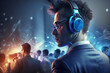 © RCH Photographic - Well dressed handsome DJ in a silk suit and wearing headphones working in a busy nightclub