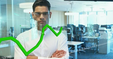 Poster - Animation of screens with data processing against biracial man with arms crossed standing at office