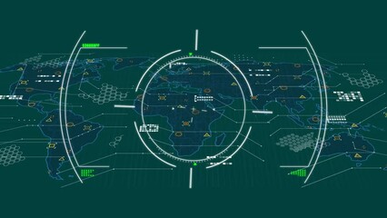 Poster - Animation of glitch technique and circles over hexagon patterns and map on abstract background