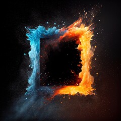 Wall Mural - A square frame in the clash of ice and fire on black background. Fire flames and crystal texture. Ai generated blue and orange illustration of a square frame in ice and fire.