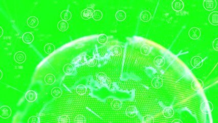 Poster - Animation of globe with icons on green background