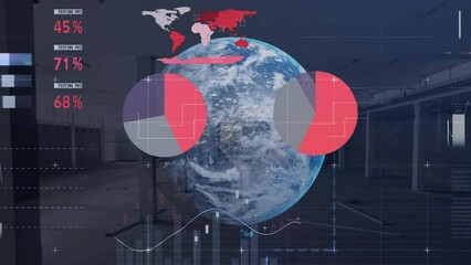 Poster - Animation of financial data processing and globe over empty room