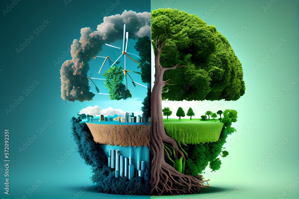 Climate change concept. Tree in two parts with green energy in healthy ...