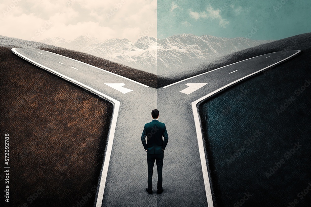 Businessman stands at a fork in the road and looks where he should go ...