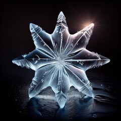 Wall Mural - A star shaped ice cube on black and icy background. Cracked glacial texture, backlight. Ai generated abstract background with crystal star made of ice.