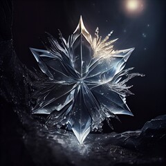 Wall Mural - A star shaped ice cube on black and icy background. Cracked glacial texture, backlight. Ai generated abstract background with crystal star made of ice.