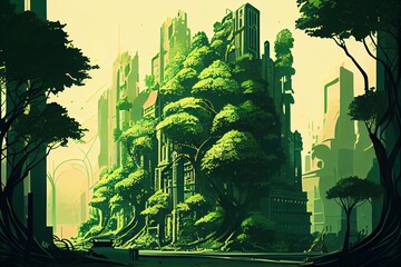 Wall Mural - Splendid city covered with green trees and plant. Digital art. Generative AI