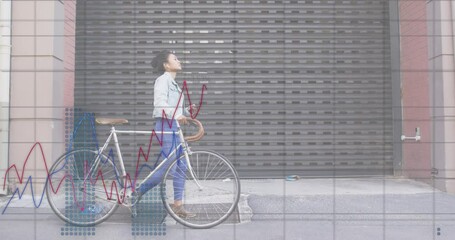 Sticker - Animation of data processing over biracial businesswoman walking with bicycle