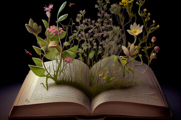 Wall Mural - generative ai: magic book with flowers coming out of it and glowing light