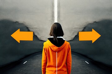 A woman stands at a fork in the road and looks at two options where to go , concept of Choice and Direction, created with Generative AI technology