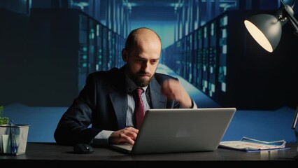 Poster - frustrated database admin making mistake in data center, working under pressure with mainframe compu