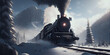 Historic steam train in winter mountains under snow. Panoramic banner, AI generative panorama