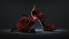 Argentine Tango Shoes, Stiletto Shoe And Dark Red Rose On Black Background, AI Generative