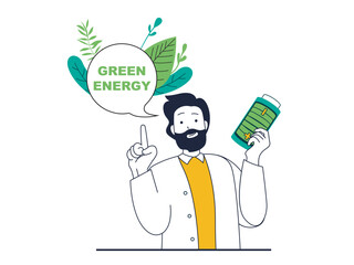 Aufkleber - Green energy concept with character situation. Man holding battery with eco friendly technology, renewable source and nature conservation. Vector illustration with people scene in flat design for web