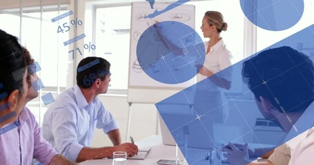 Poster - Animation of statistics and data processing over business people wearing phone headsets