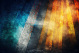 Fototapeta  - Abstract blue and orange color background with rays of light and grunge texture. Generated by AI.