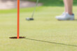 ゴルフ場のカップにパターを使ってホールインしようとする女性ゴルファー　撮影協力：あづみ野カントリークラブ