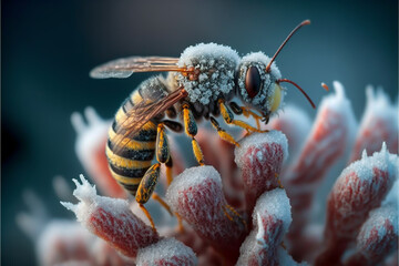 frozen wasp, macro shot, on the frozen winter ground, generative ai.