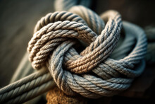 Close-up Shot Of A Weathered Rope On A Sailboat, Emphasizing Its Texture And Knots, Generative Ai