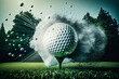 Golf ball flying through the air after a powerful swing off the tee, with green grass and trees in the background, generative ai