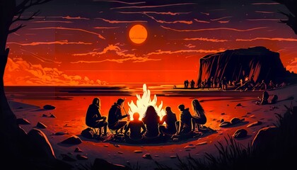 Wall Mural - A group of people sitting around a bonfire on a beach at sunset