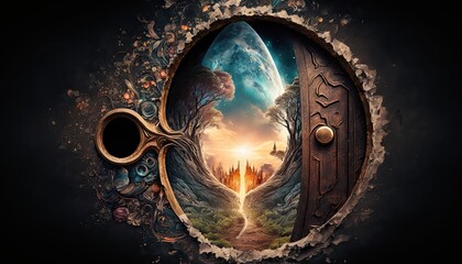 Abstract keyhole into another world. Doorway to enchanted fantasy landscape. Detailed artwork with beautiful land beyond.