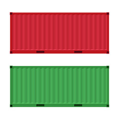 Wall Mural - Red and blue containers for cargo transportation on a white background. Shipping container. Freight shipping container hanging on crane hook. Metal container. 