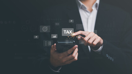 Aufkleber - Business people planning annual tax deduction, tax rate calculation, and business financial budget, effective tax deduction planning ideas for individuals and companies, state taxes. Data analysis