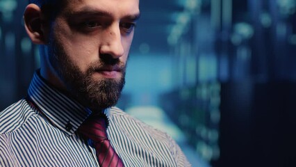 Poster - system administrator standing in modern data center, checking supercomputer networking service on ta