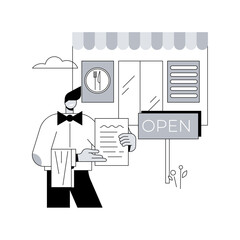 Poster - restaurants reopening abstract concept vector illustration. pandemic business adaptation, outdoor se