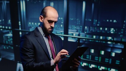Poster - it administrator running security diagnostics on tablet, inspecting networking service with computer