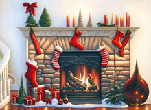 Red Christmas Stockings Hanging Over A Roaring Fireplace. Presents And X-mas Decs On The Ground And Mantlepiece. Generative AI Illustration.