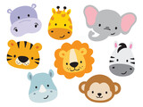 Fototapeta Pokój dzieciecy - Cute baby safari animal faces vector illustration. The set includes a tiger, lion, elephant, giraffe, zebra, hippo, rhino, and monkey.
