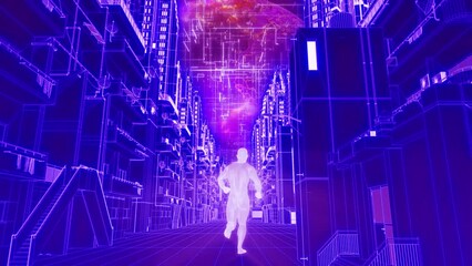 Wall Mural - Man runs along the cyberpunk city to his dream. 