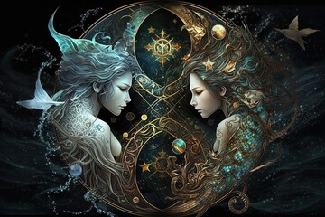 backdrop of sacred zodiac pisces symbols, astrology, alchemy, magic, sorcery and fortune telling. ge