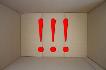 Poster - Exclamation mark word with cardboard box. Brown folded card box.