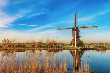 Rotterdam Netherlands, nature landscape of Dutch Windmill at Kinderdijk Village