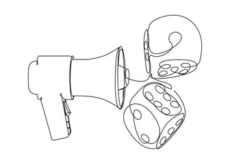Poster - One continuous line of Megaphone with dice. Thin Line Illustration vector concept. Contour Drawing Creative ideas.