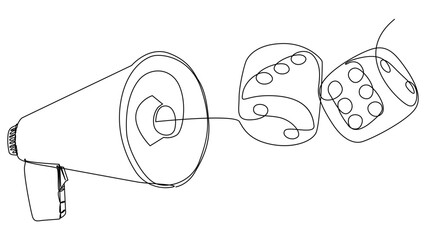 Poster - One continuous line of Megaphone with dice. Thin Line Illustration vector concept. Contour Drawing Creative ideas.