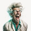 Detailed illustration of a male mad scientist laughing maniacally at his creation isolated on a white background, generative ai