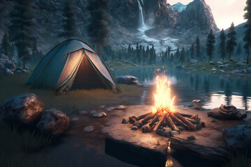 A tent in the middle of a meadow with a burning bonfire and mountains in the background. Generative AI