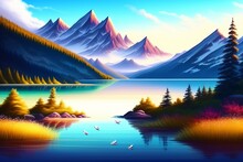 A Hand-drawing Of A Beautiful Landscape With A Lake, People Swimming And Distant Mountain Range During Summer, In The Style Of Bob Ross