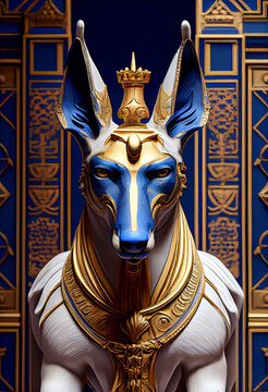 Sculpture of the head of Anubis, the Egyptian god of death. Portrait of the god Anubis made of gold and tiles. Created with generative AI
