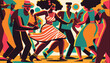 illustration of african american people dancing together in warm colors. Black history month image.