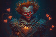 Evil Valentines day clown with hearts, red hair and a scary, creepy smile with sharp teeth, ai.