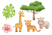 Cute Tiger, Giraffe And Hippo In Cartoon Style. Watercolor Drawing Tropical Plants Isolated On White Background. Jungle Safari Animals