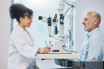 Vision, eye test and healthcare with a doctor woman or optometrist testing the eyes of a man patient in a clinic. Hospital, medical or consulting with a female eyesight specialist and senior male