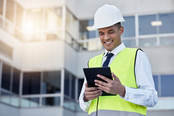 Poster - Engineering, digital tablet and man construction worker on outdoor building site in the city. Happy, smile and male industry worker or contractor working on a mobile device for maintenance management